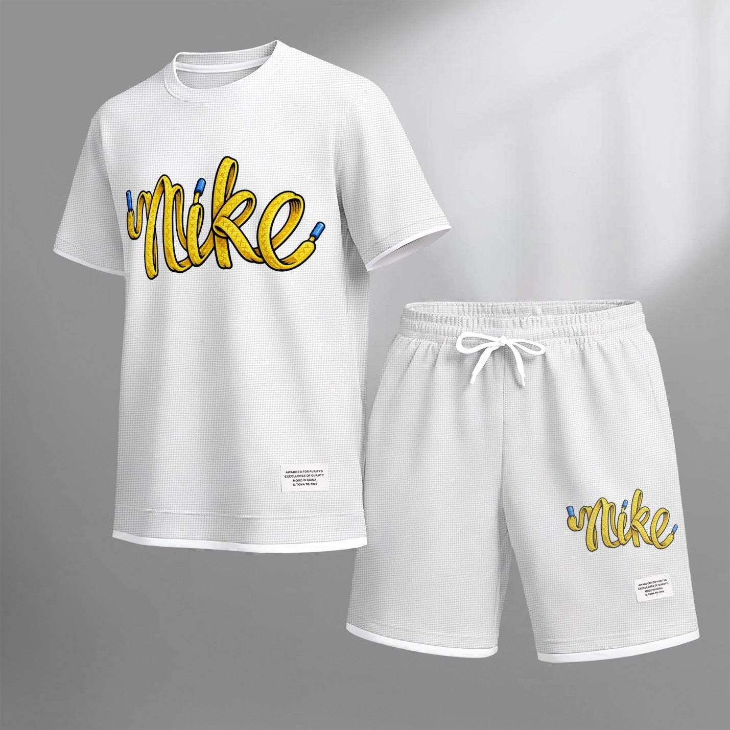 Men's Classic Logo print drawstring shorts set for spring/summer, a casual summer outfit including a short-sleeved shirt and shorts, suitable for everyday wear and sports. A two-piece set for a relaxed and energetic lifestyle.