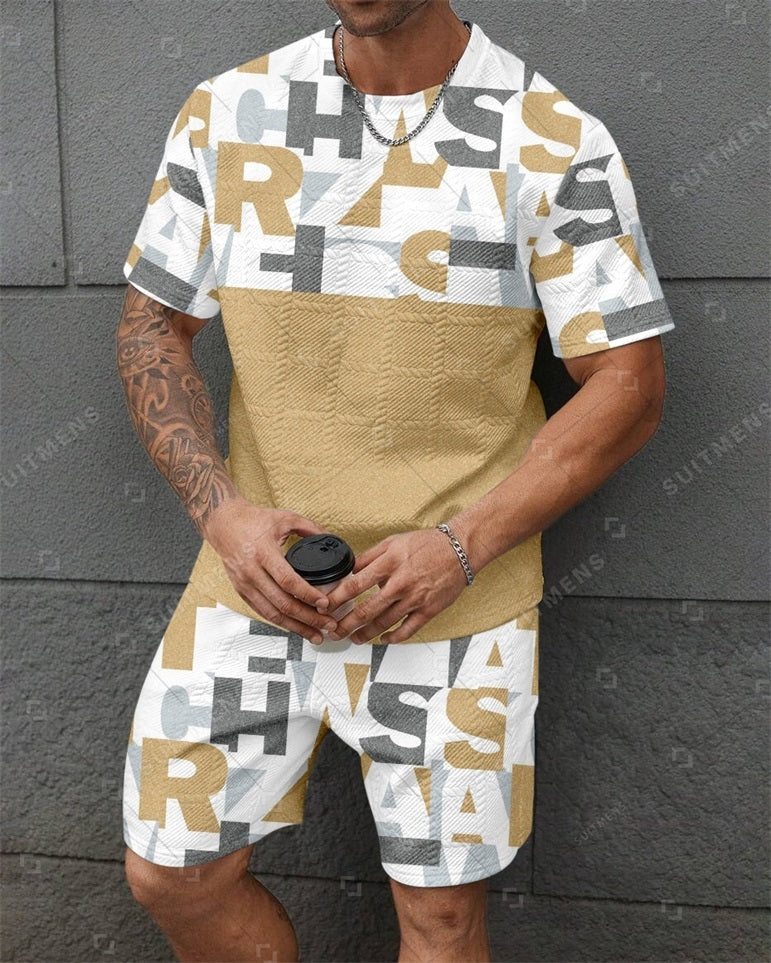 Men's Jacquard Textured Color Block Printed Short Sleeve Shorts Set 003