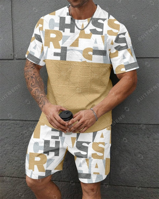 Men's Jacquard Textured Color Block Printed Short Sleeve Shorts Set 003