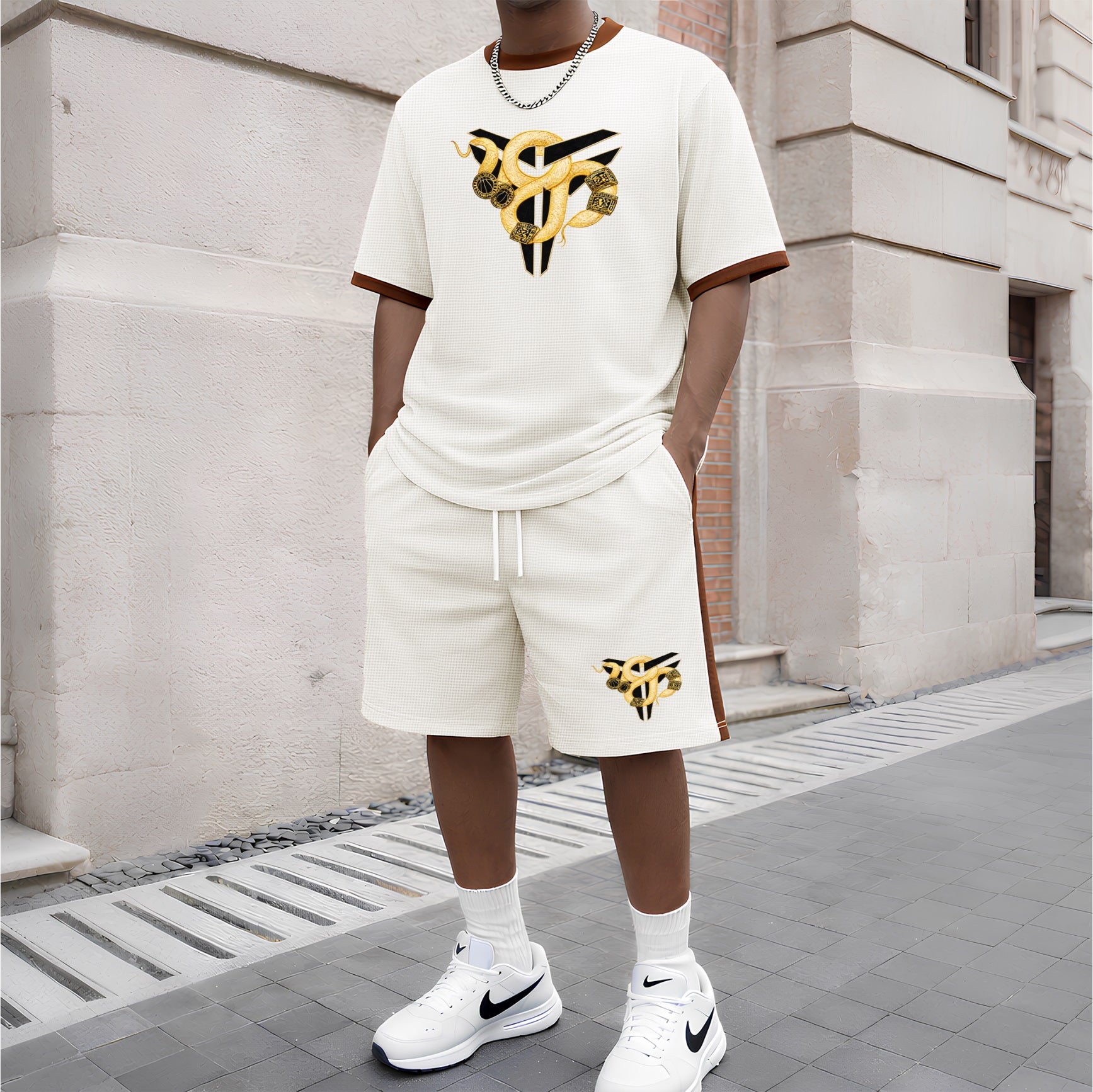 Men's Patterned Short-Sleeved T-Shirt And Drawstring Shorts Set, Men's Clothing, Casual Sports Short-Sleeved Top And Shorts, Men's Summer Everyday Wear, Indoor And Outdoor Sportswear, Sports Set.