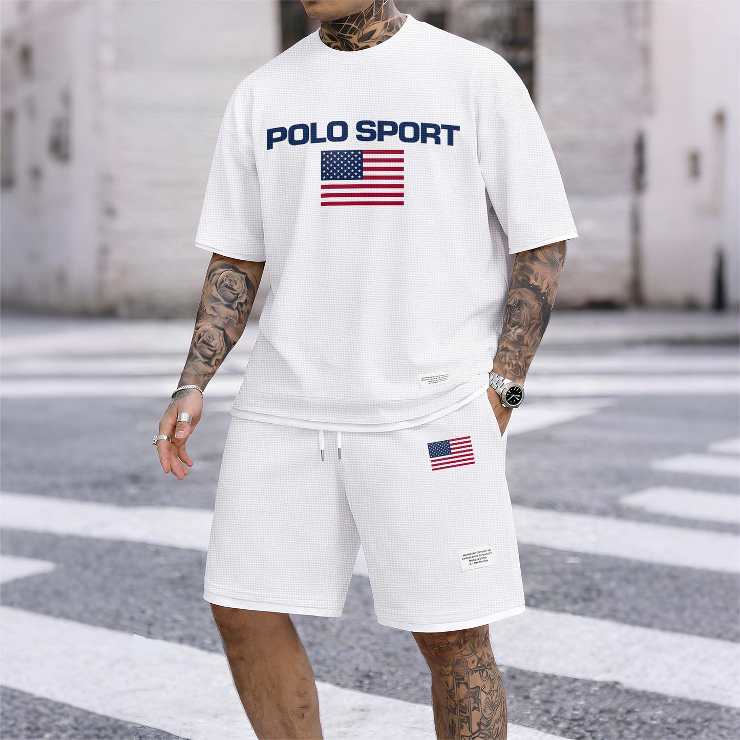 Men's Usa Polo Sport Print Drawstring Shorts Set For Spring/Summer. A Casual Summer Outfit, Including A Short-Sleeved Shirt And Shorts, Suitable For Everyday Wear And Sports. A Two-Piece Set For A Relaxed And Energetic Lifestyle.