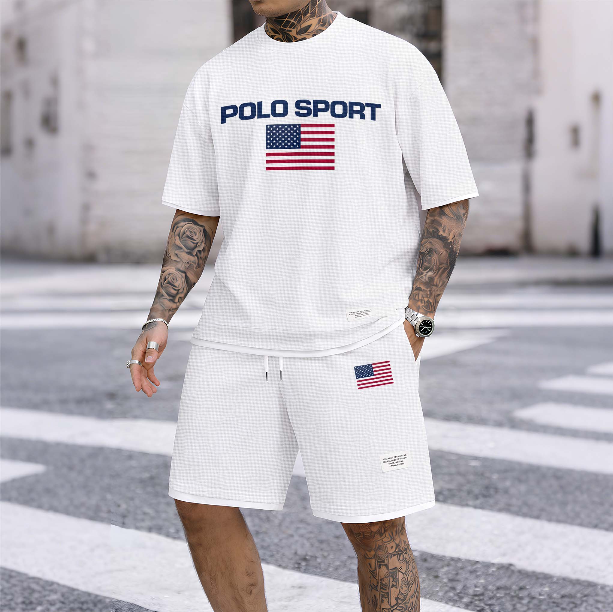 Men's Usa Polo Sport Print Drawstring Shorts Set For Spring/Summer. A Casual Summer Outfit, Including A Short-Sleeved Shirt And Shorts, Suitable For Everyday Wear And Sports. A Two-Piece Set For A Relaxed And Energetic Lifestyle.