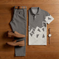Men's Casual Dark Gray & Beige Color Matching Geometric Printed Short Sleeved Polo Shirt & Trousers Two-Piece Set