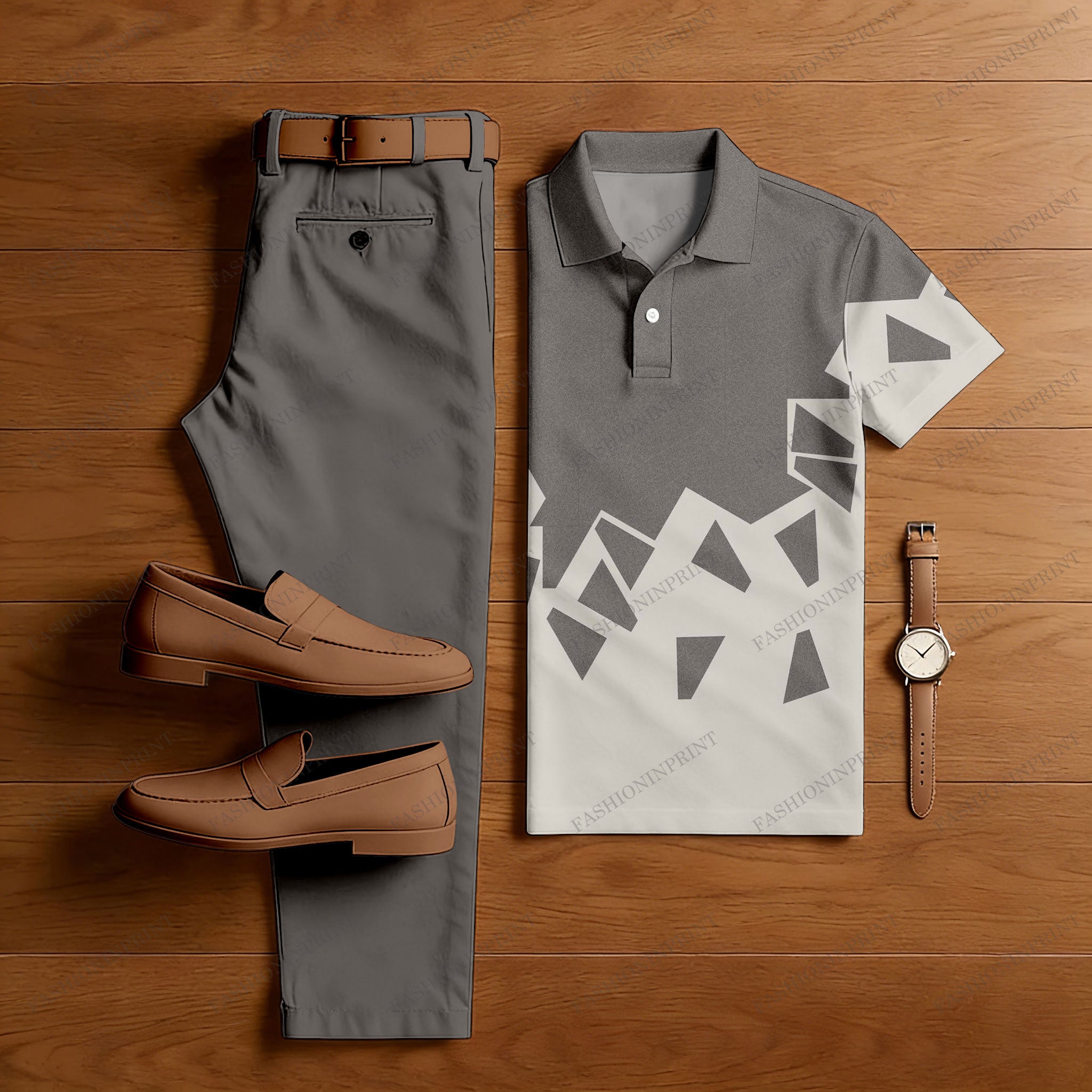 Men's Casual Dark Gray & Beige Color Matching Geometric Printed Short Sleeved Polo Shirt & Trousers Two-Piece Set