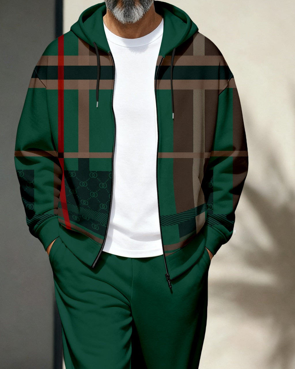 Men's Retro Luxury Thickened Fleece Colorblock Jacket Sports Hoodie Set 04