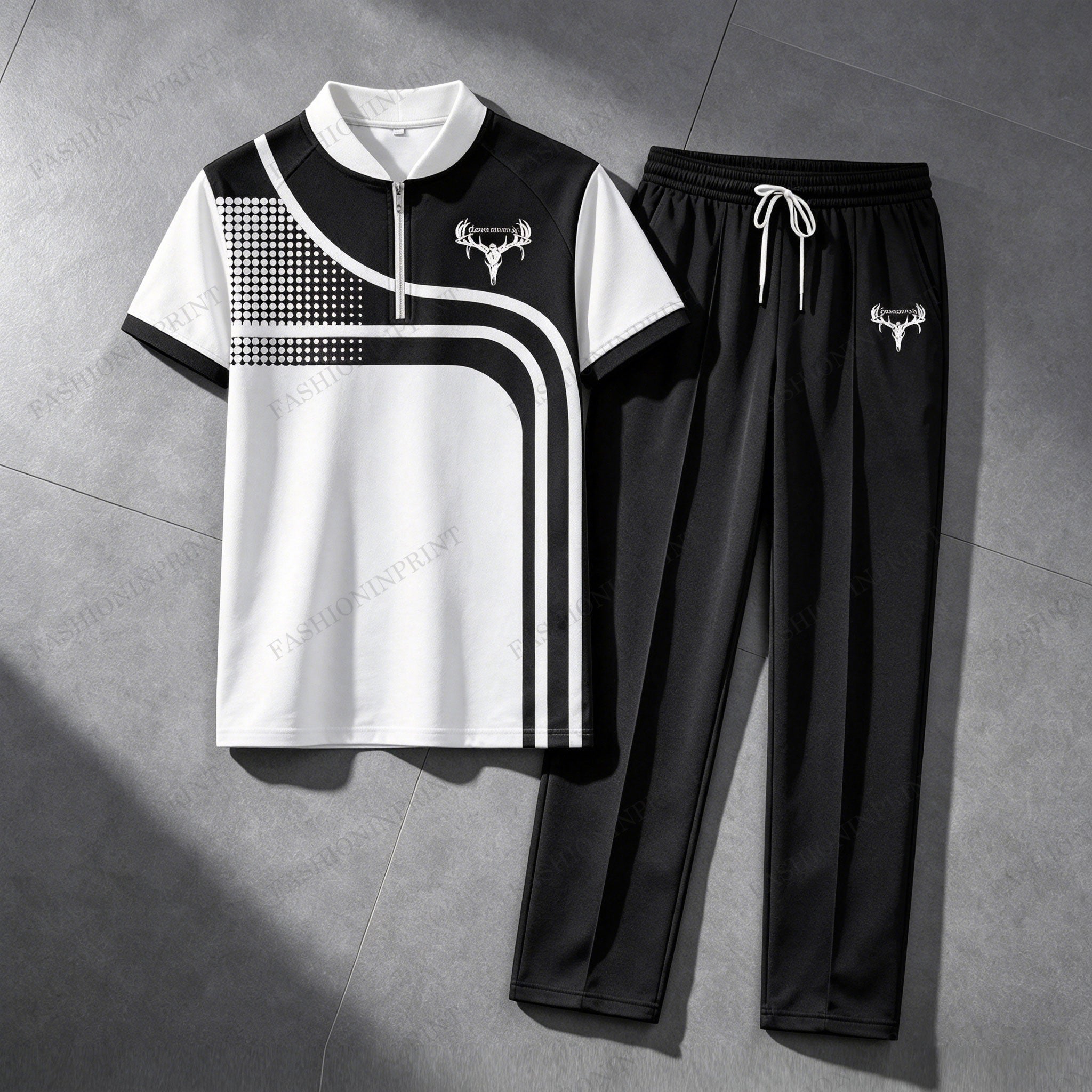 Men's Casual Geometric Print Crew Neck Short-Sleeve Shirt & Long Pants Set With Zipper Detail