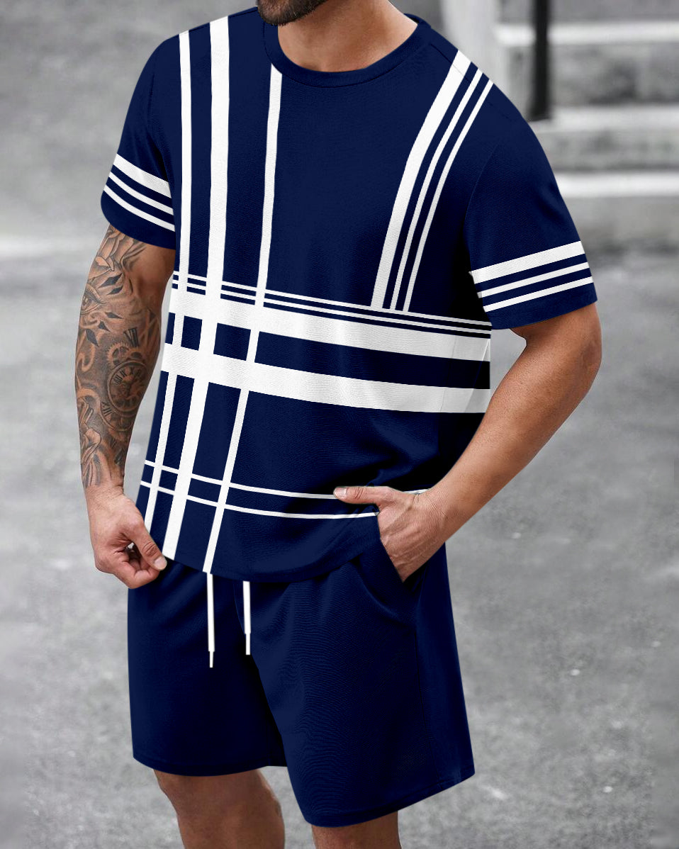 Men's Summer Colorblock Printed Round Neck Set 466