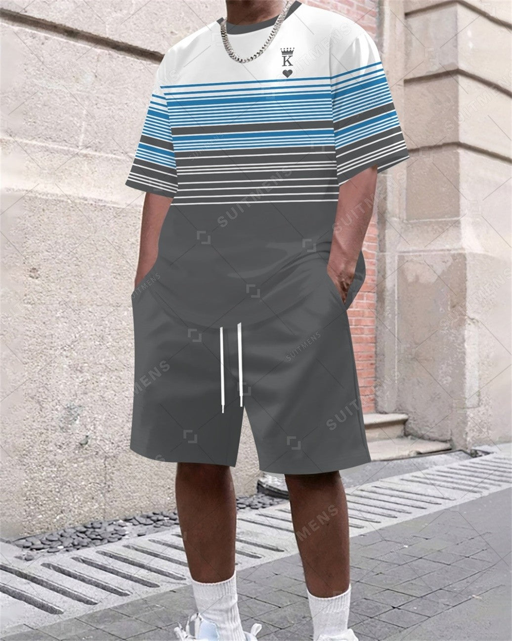 Men's Summer Color Matching Print Round Neck Set 318