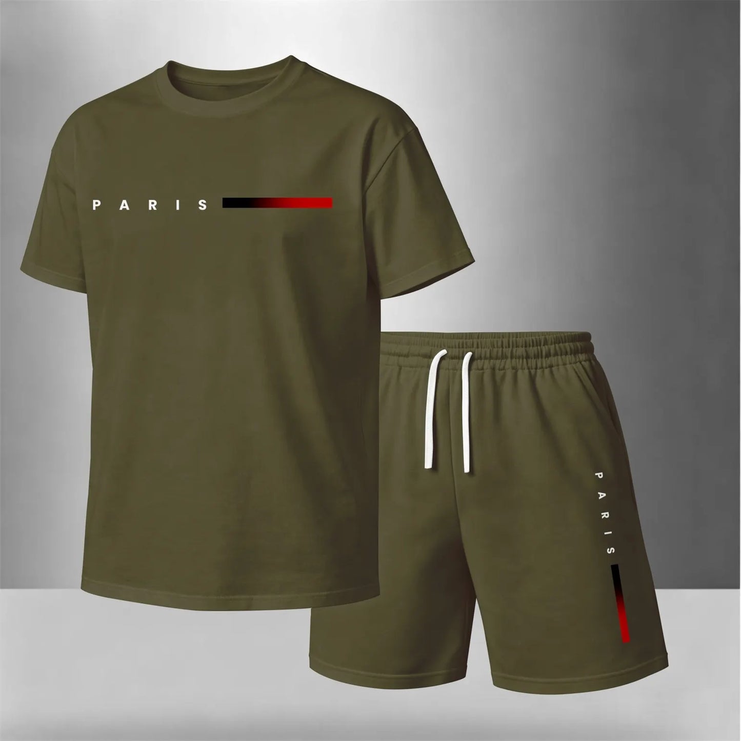 Men’s Summer 2 Piece Set, PARIS Letter Print Short Sleeve T Shirt and Drawstring Shorts Matching Outfit, Lightweight Breathable Casual Set for Travel, Streetwear, Beach, Vacation, and Daily Wear