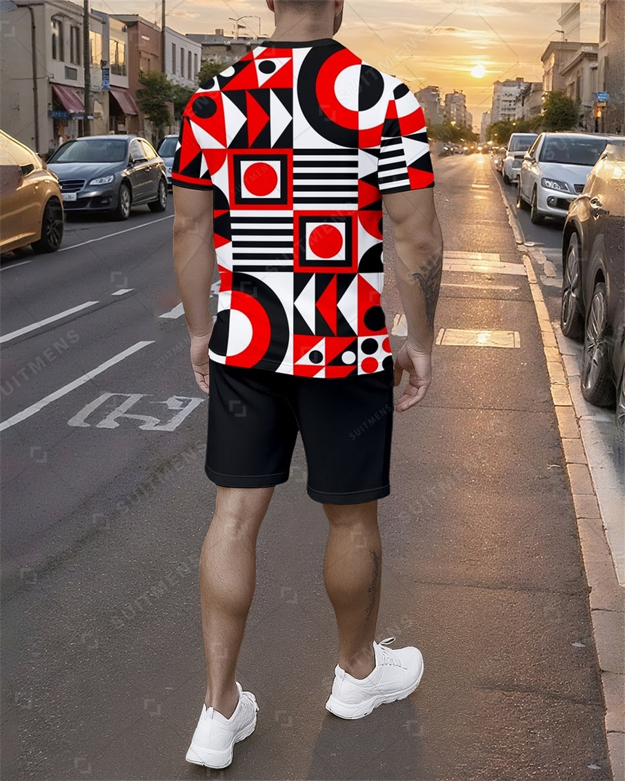Men's Summer Colorblock Printed Round Neck Set 801
