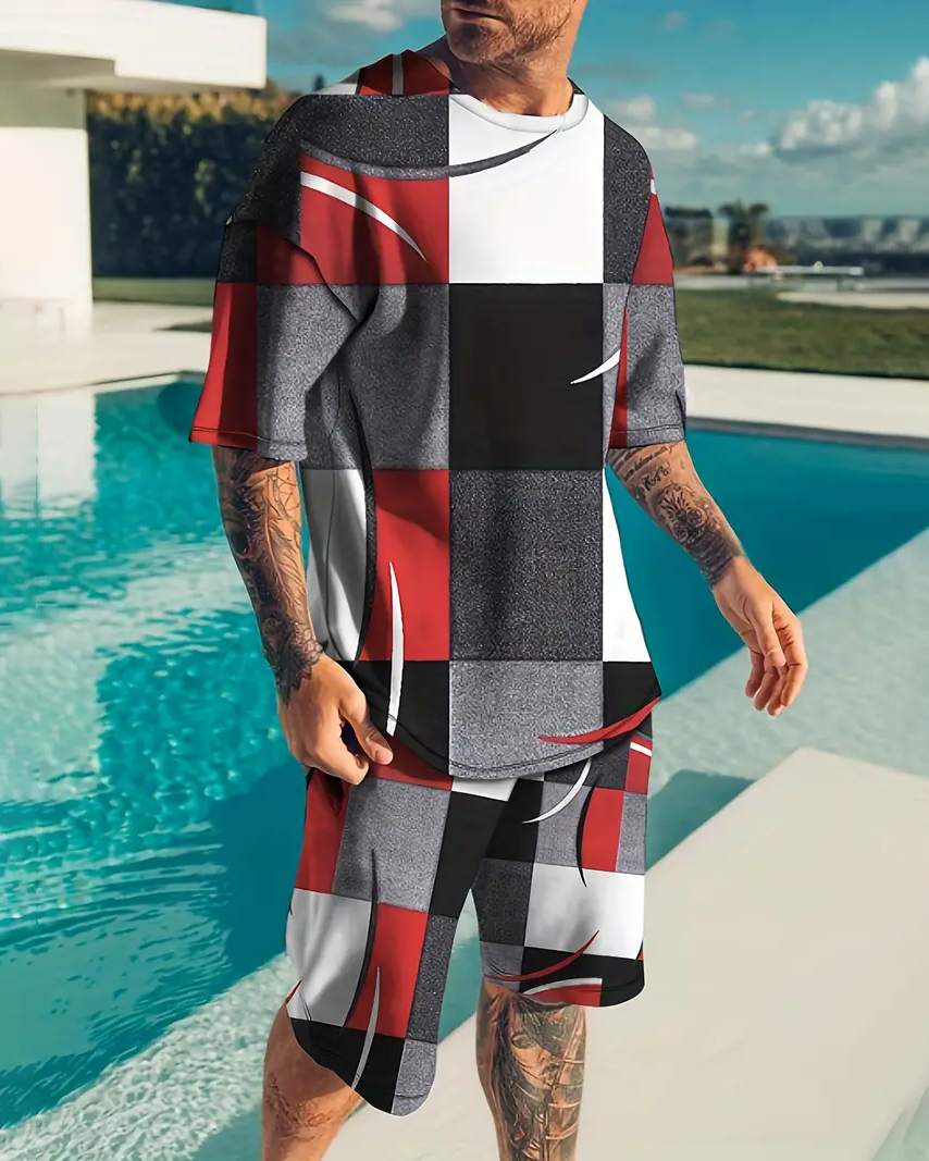 Suitmens Men's casual vacation color block printed shorts Set 572