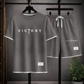 Men's “Victory” Graphic Print Short Sleeve Shirt and Drawstring Shorts Set, Casual Summer Two-Piece Outfit, Lightweight Breathable Relaxed Fit Athletic Set for Daily Wear, Beach, Vacation, Travel & Loungewear