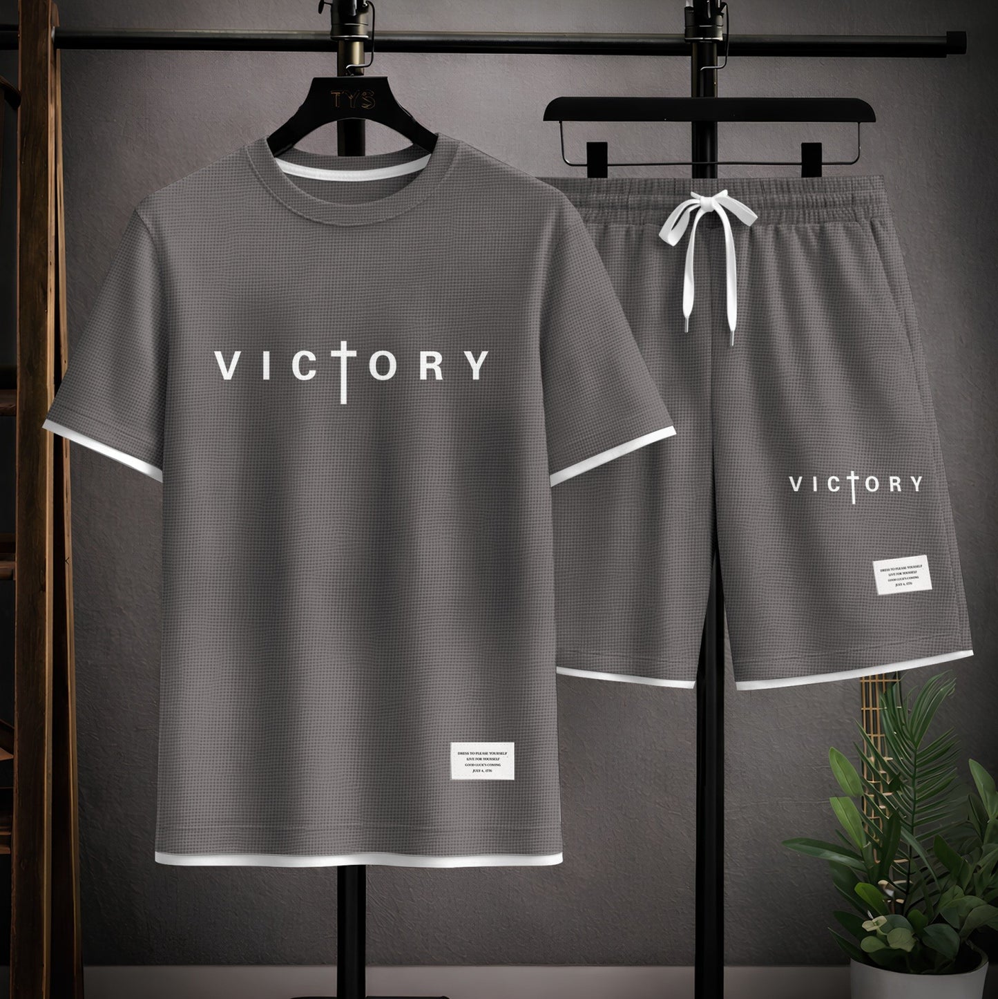 Men's “Victory” Graphic Print Short Sleeve Shirt and Drawstring Shorts Set, Casual Summer Two-Piece Outfit, Lightweight Breathable Relaxed Fit Athletic Set for Daily Wear, Beach, Vacation, Travel & Loungewear