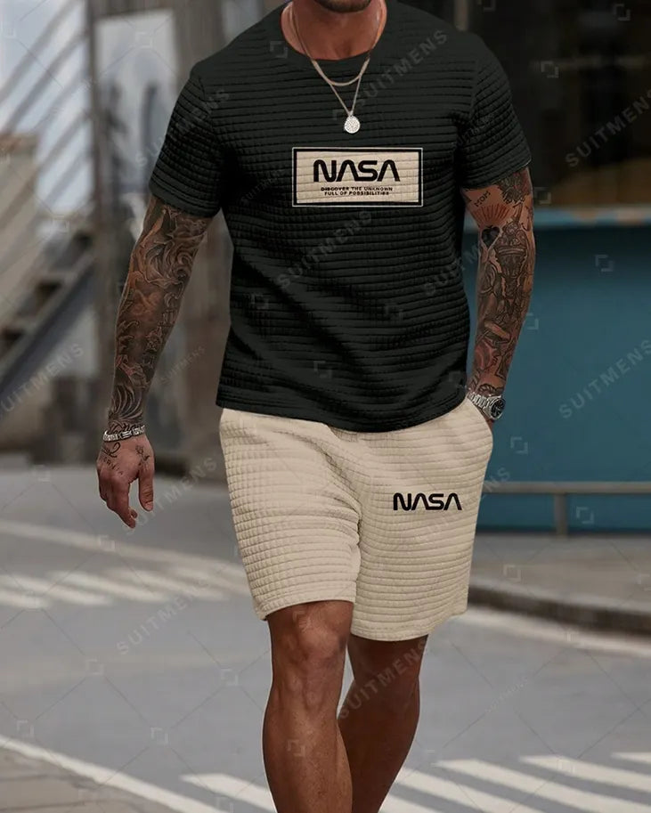 Men's Casual Waffle Textured Summer Round Neck Short Sleeve Shorts Set 008