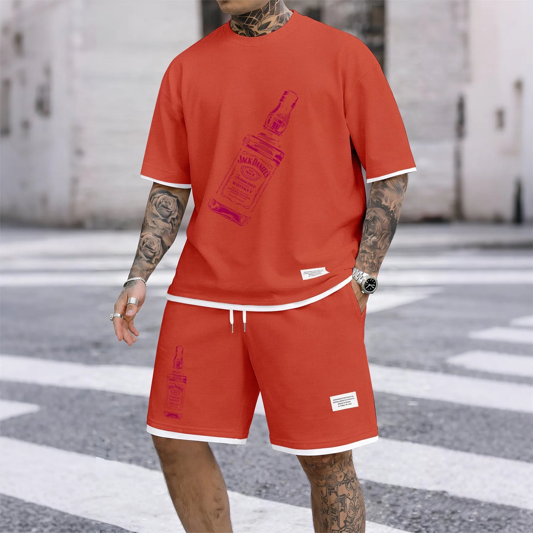 Men's Beer And Beverage Printed Drawstring Shorts Set, Suitable For Spring And Summer Wear, Casual Summer Set, Including Short-Sleeved Shirt And Shorts, Suitable For Everyday Wear And Sports 07