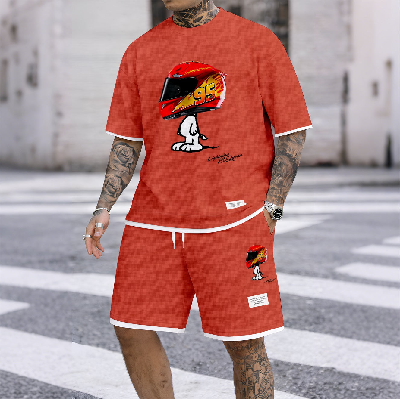 Men's Classic Racing Print Waffle Fabric Short-Sleeved Shirt And Shorts Set