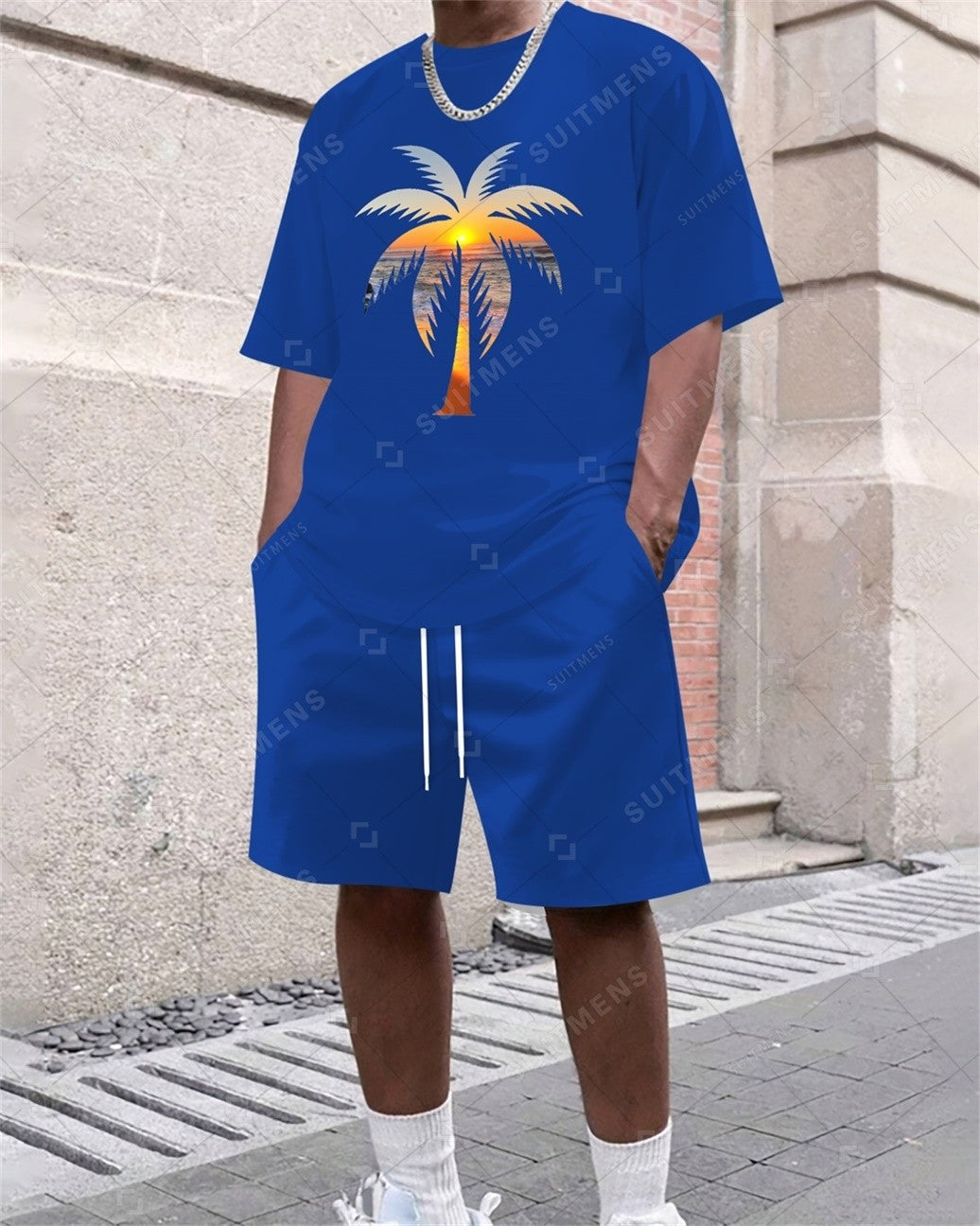 Men's Summer Coconut Tree Print Round Neck Set 305