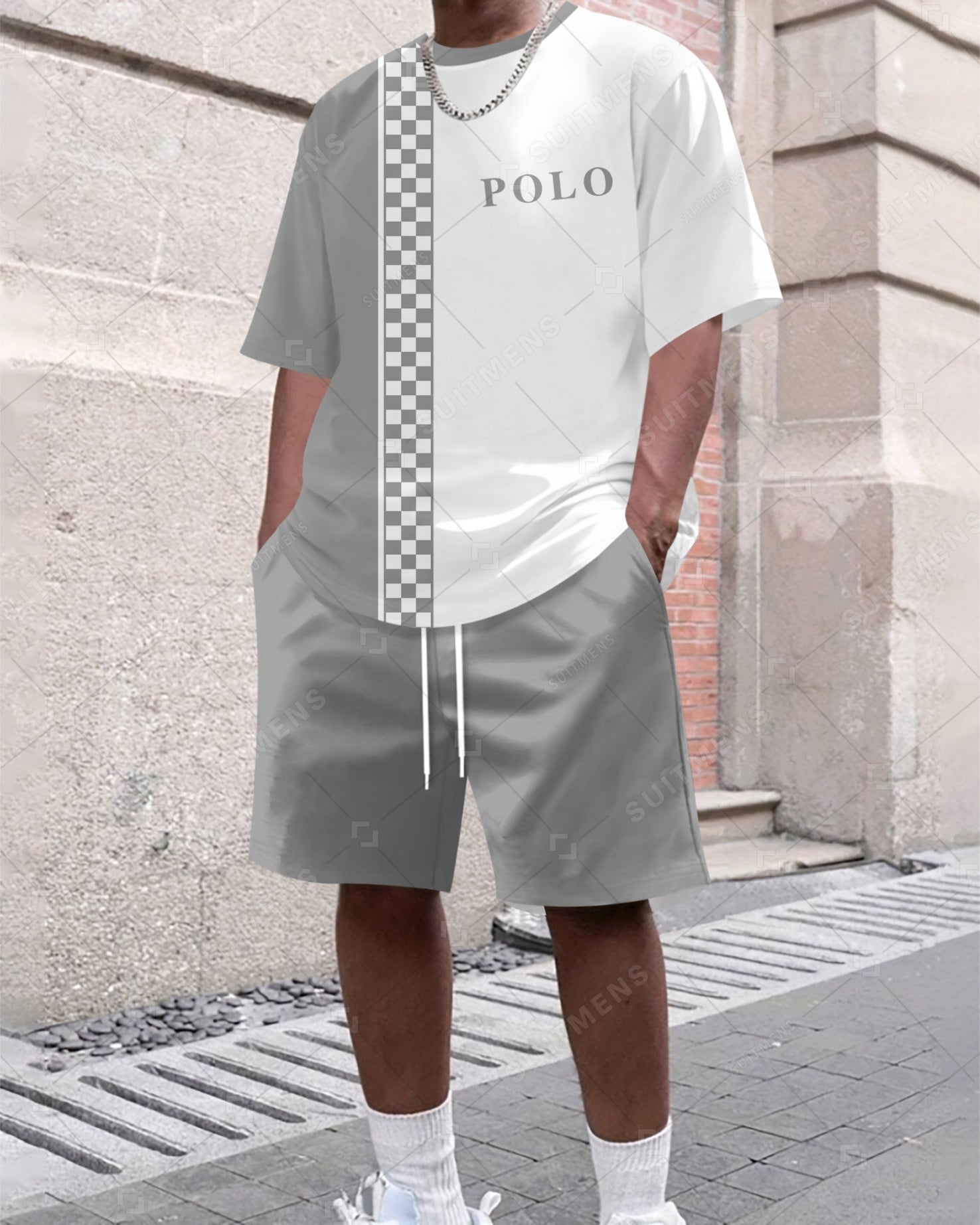 Men's Summer Colorblock Printed Round Neck Suit 037