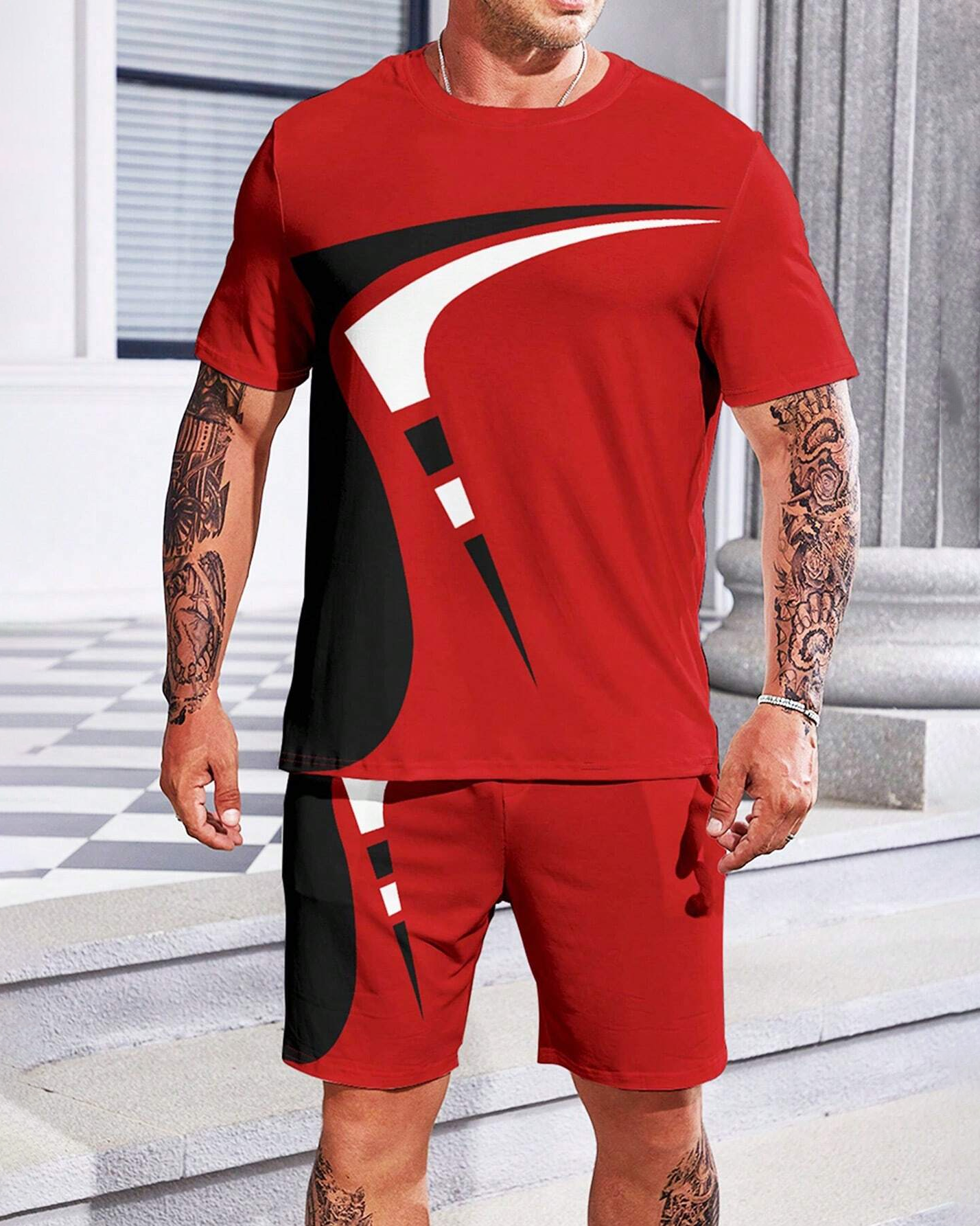 Men's casual color block printed shorts Set 509