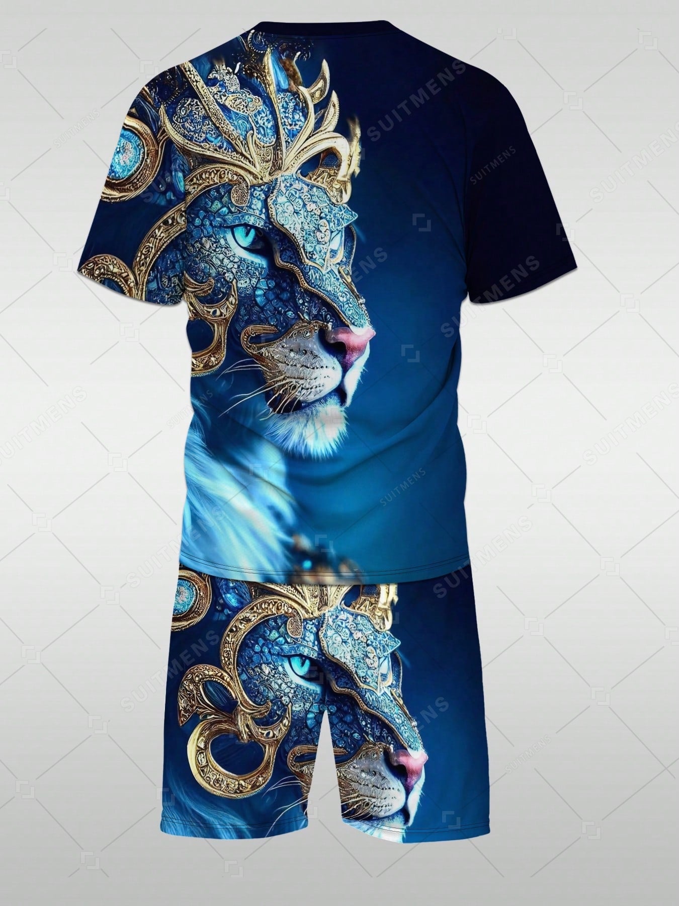 Men's Summer Gradient Lion Print Round Neck Set 221