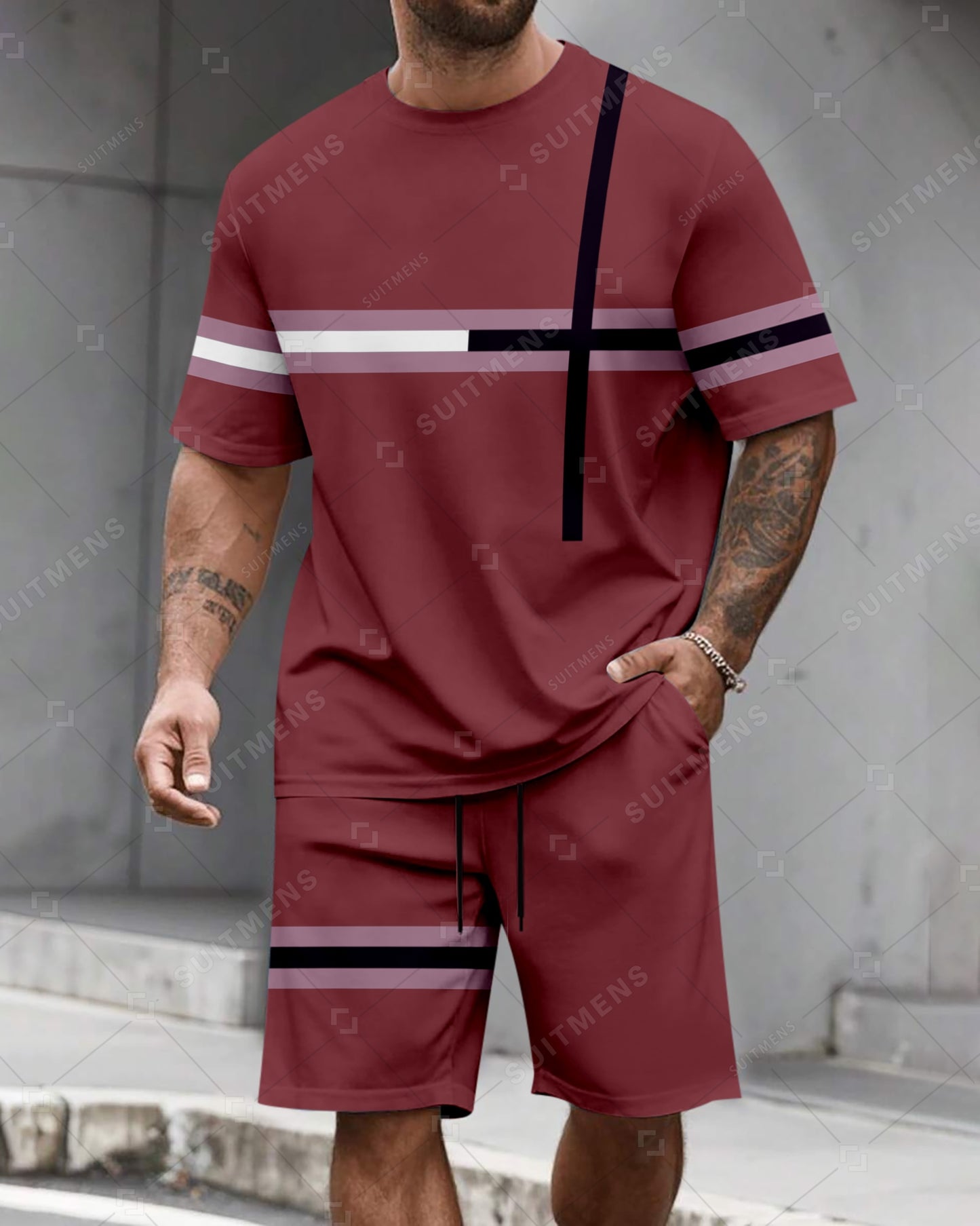 Men's Summer Colorblock Printed Round Neck Suit 03