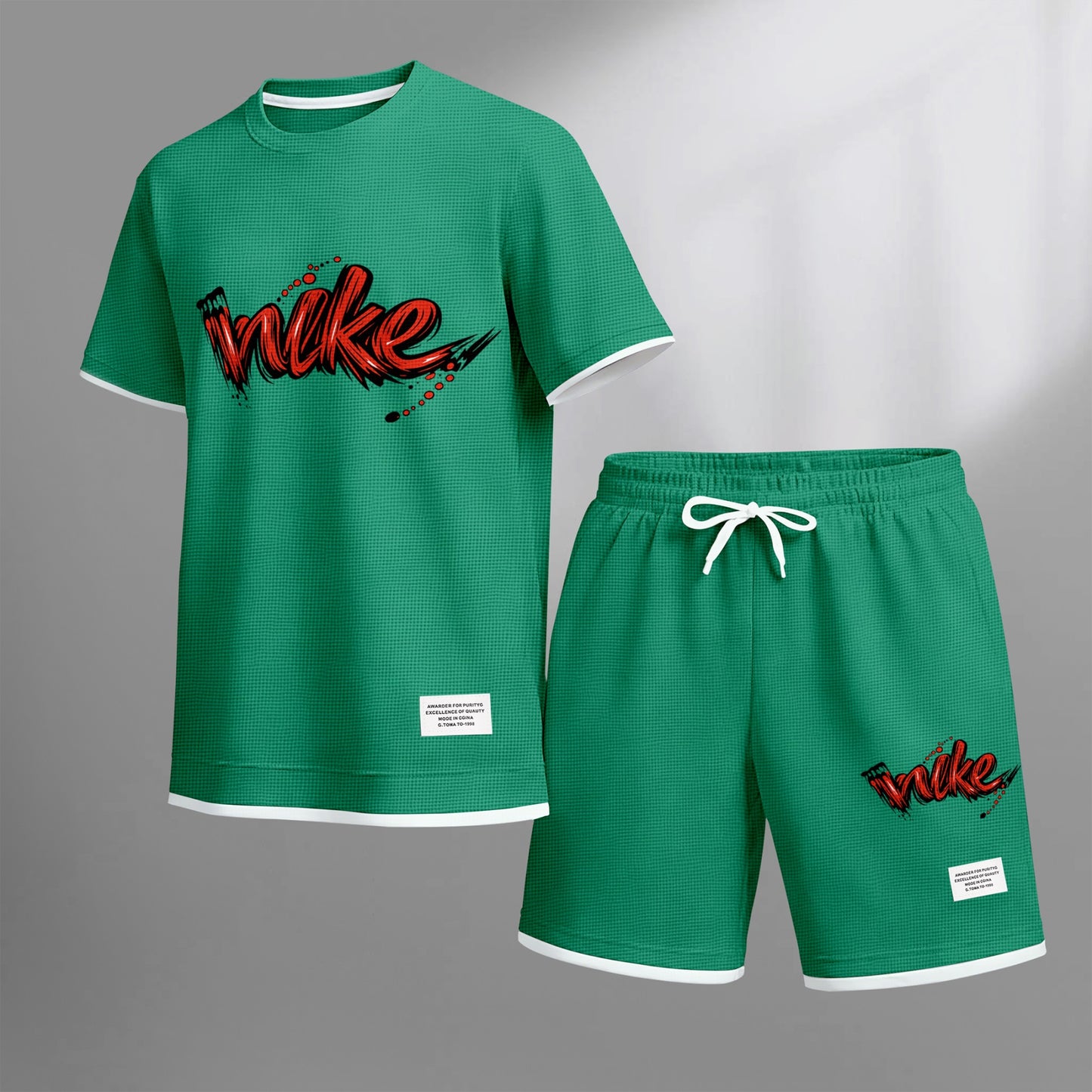 Men's Red Graffiti-Style Art Letter Print Fake Two-Piece Short Sleeve T-Shirt & Shorts Set, Summer Waffle Breathable Sporty Casual Two-Piece Outfit, Streetwear Gym Training Activewear