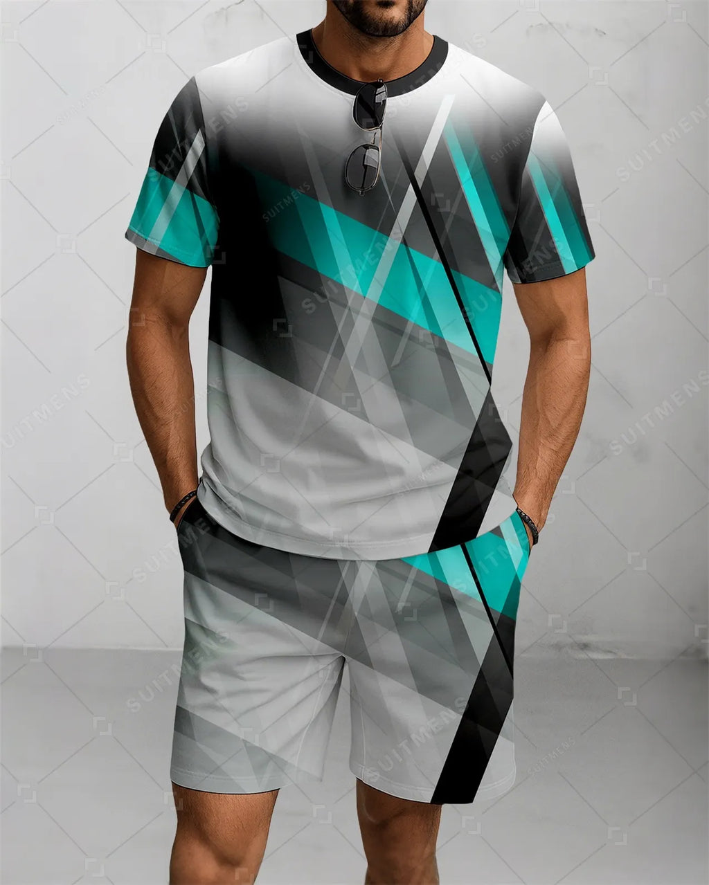Men's Summer Colorblock Printed Round Neck Suit 081