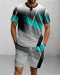 Men's Summer Colorblock Printed Round Neck Suit 081