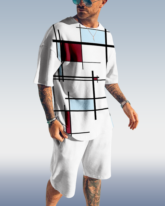 Men's color block printed shorts suit 443
