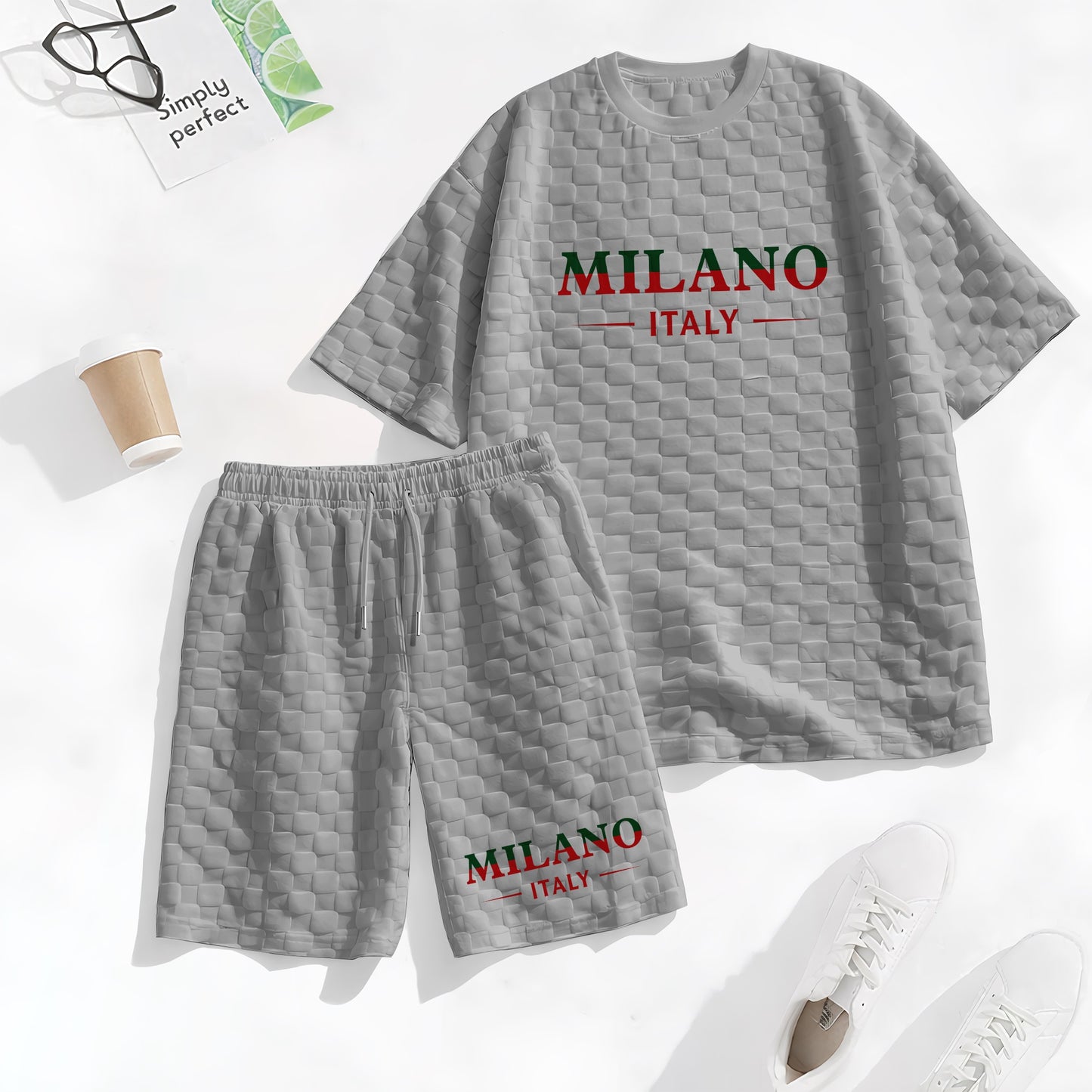 Men's Spring and Summer Milan Letter Print Checkered Fabric Drawstring Shorts Set, Casual Summer Outfit with Short-Sleeved Shirt and Shorts, Ideal for Everyday Wear and Sports Activities