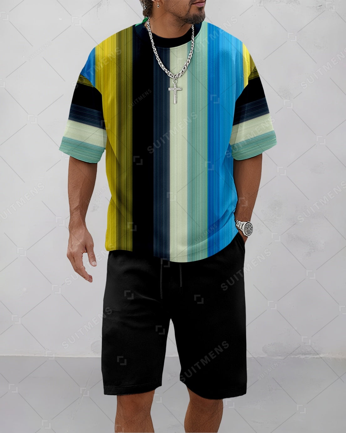 Men's Summer Colorblock Printed Round Neck Suit 080