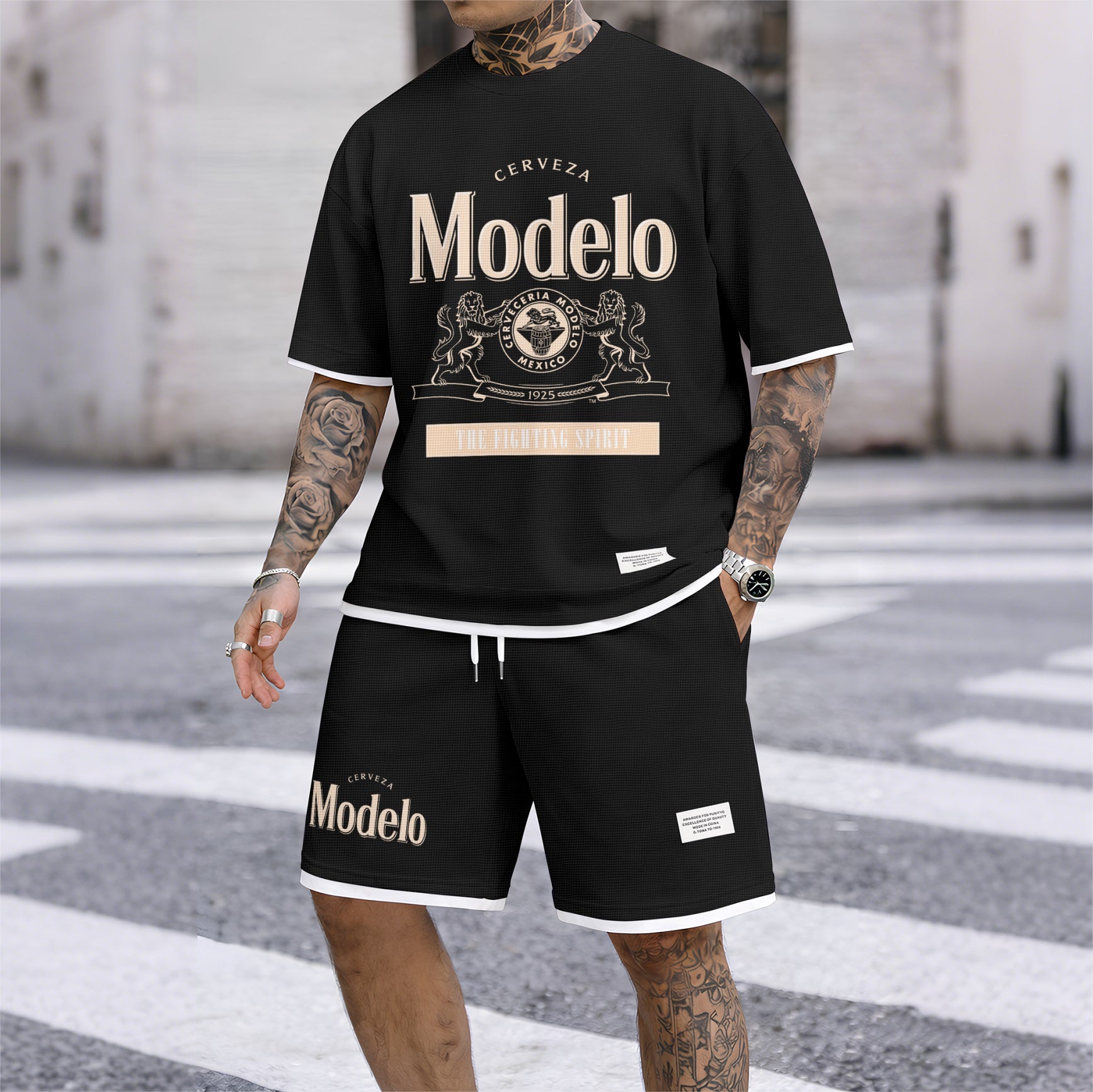 Men's Beer Print Drawstring Shorts Set, Suitable For Spring And Summer Wear, Casual Summer Set, Including Short-Sleeved Shirt And Shorts, Suitable For Everyday Wear And Sports 02