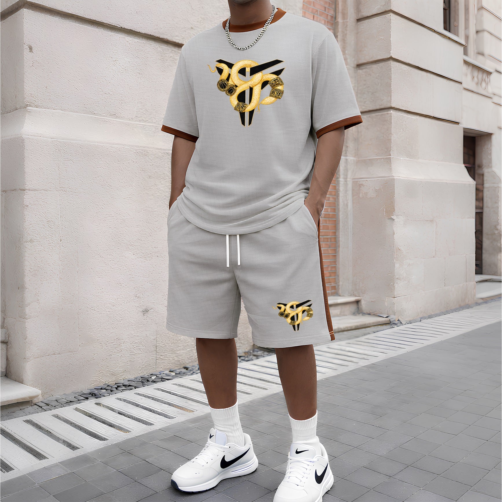 Men's Patterned Short-Sleeved T-Shirt And Drawstring Shorts Set, Men's Clothing, Casual Sports Short-Sleeved Top And Shorts, Men's Summer Everyday Wear, Indoor And Outdoor Sportswear, Sports Set.