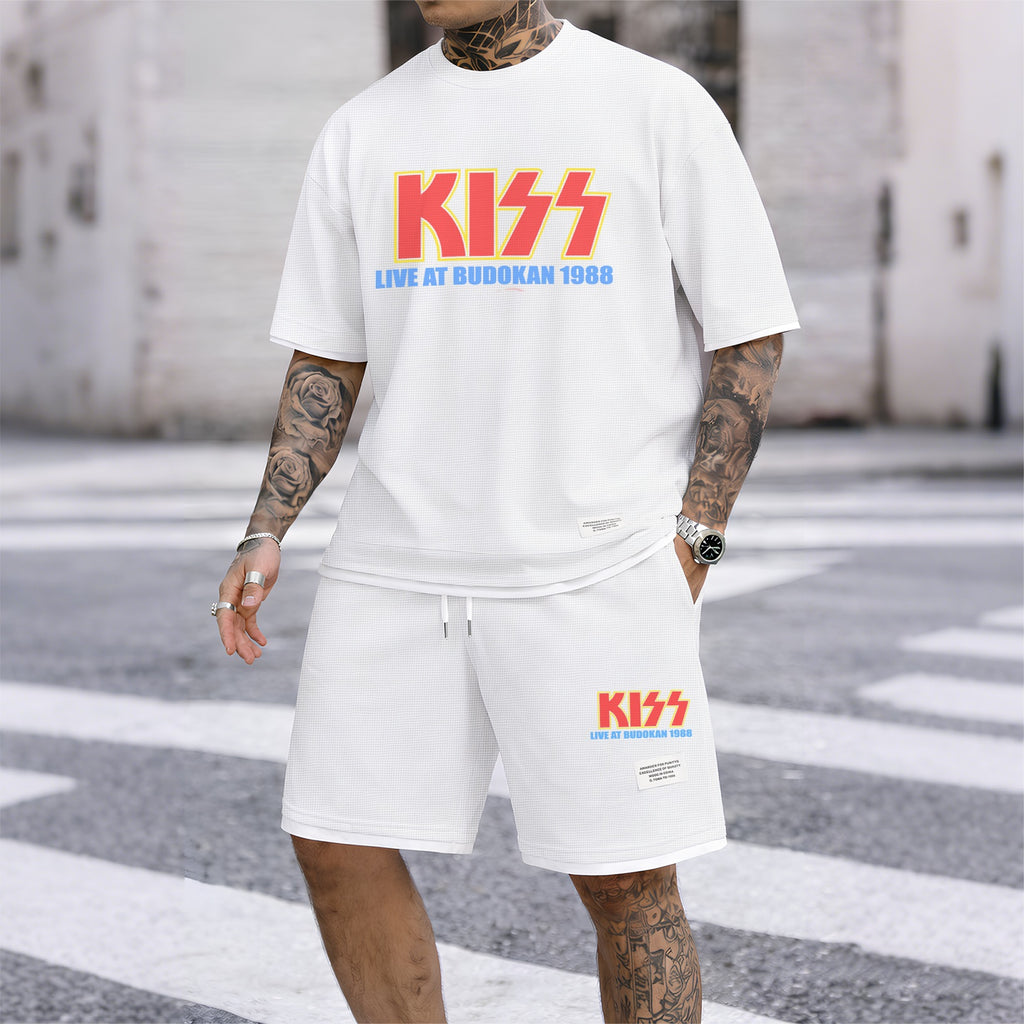 Men's KISS Print Short Sleeve Shirt and Drawstring Shorts Set, Casual Summer Two-Piece Outfit, Lightweight Breathable Relaxed Fit Athletic Set for Daily Wear, Beach, Vacation, Travel and Loungewear