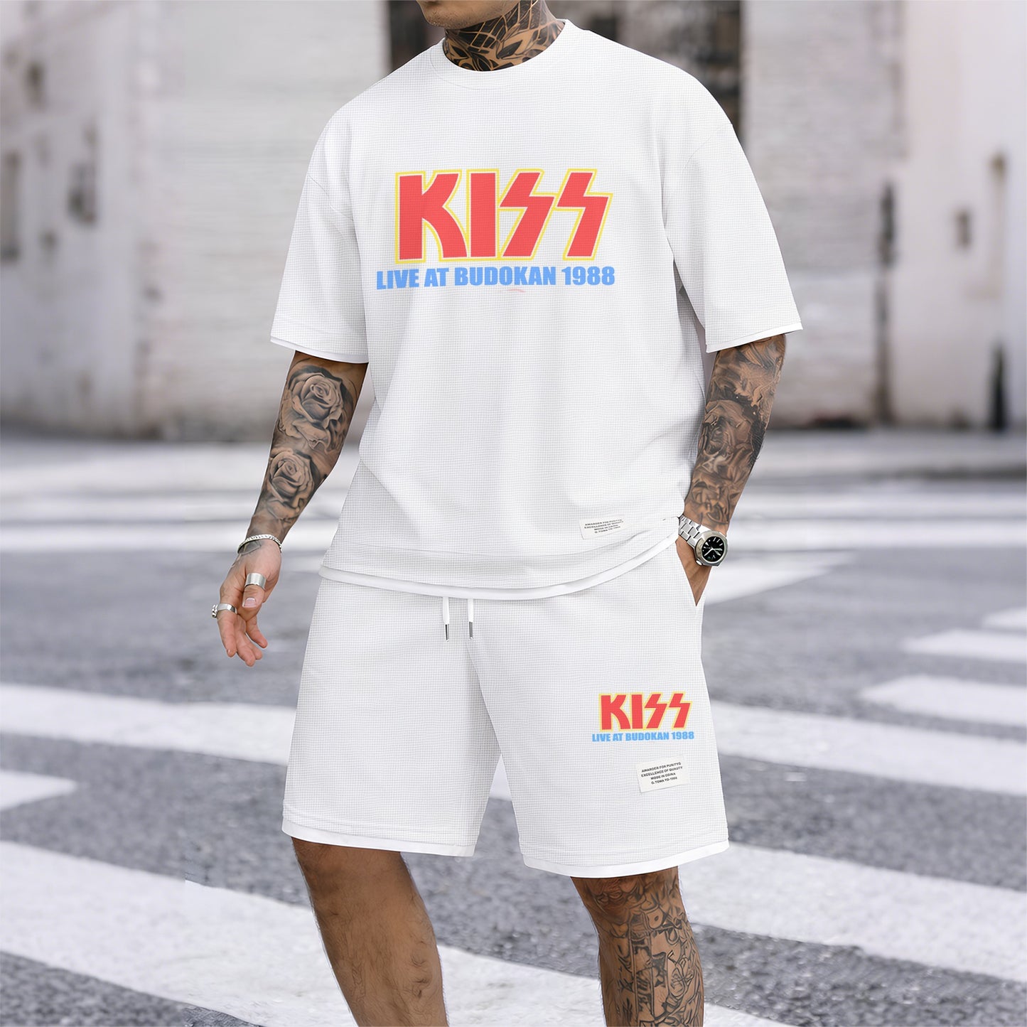 Men's KISS Print Short Sleeve Shirt and Drawstring Shorts Set, Casual Summer Two-Piece Outfit, Lightweight Breathable Relaxed Fit Athletic Set for Daily Wear, Beach, Vacation, Travel and Loungewear