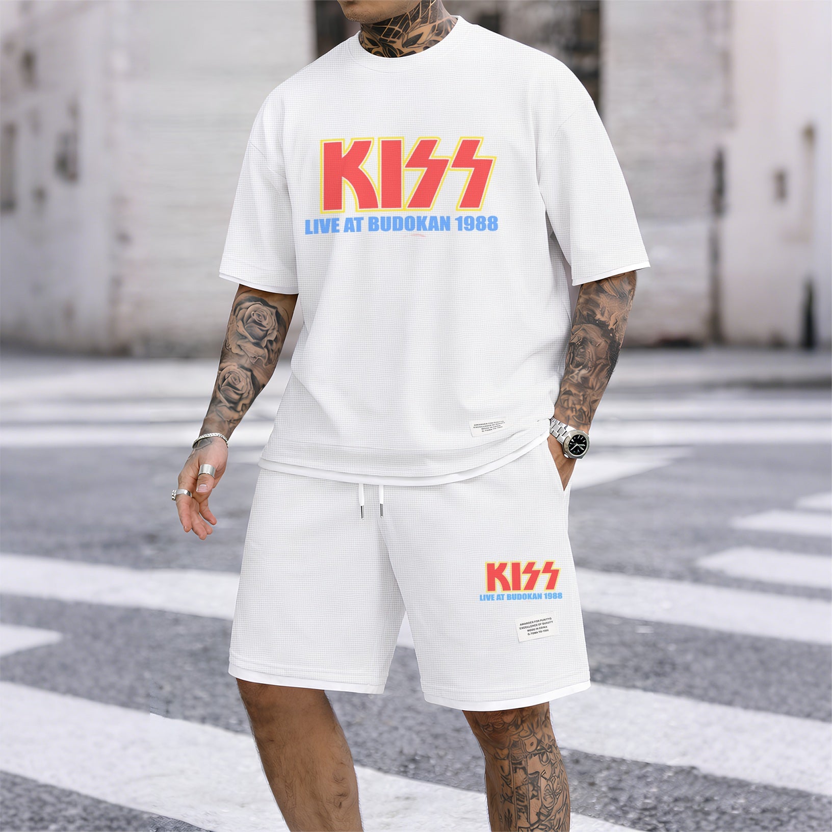 Men's KISS Print Short Sleeve Shirt and Drawstring Shorts Set, Casual Summer Two-Piece Outfit, Lightweight Breathable Relaxed Fit Athletic Set for Daily Wear, Beach, Vacation, Travel and Loungewear