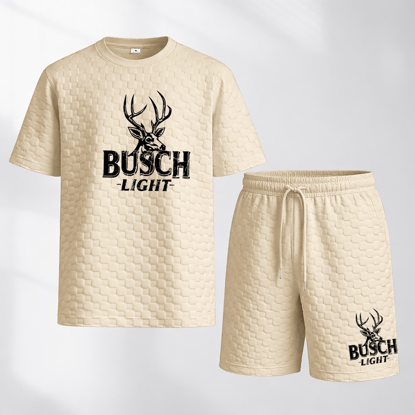 Men's Spring And Summer Light Beer Print With Red And Black Line Checkered Fabric Drawstring Shorts Set, Casual Summer Outfit With Short-Sleeved Shirt And Shorts, Ideal For Everyday Wear And Sports Activities