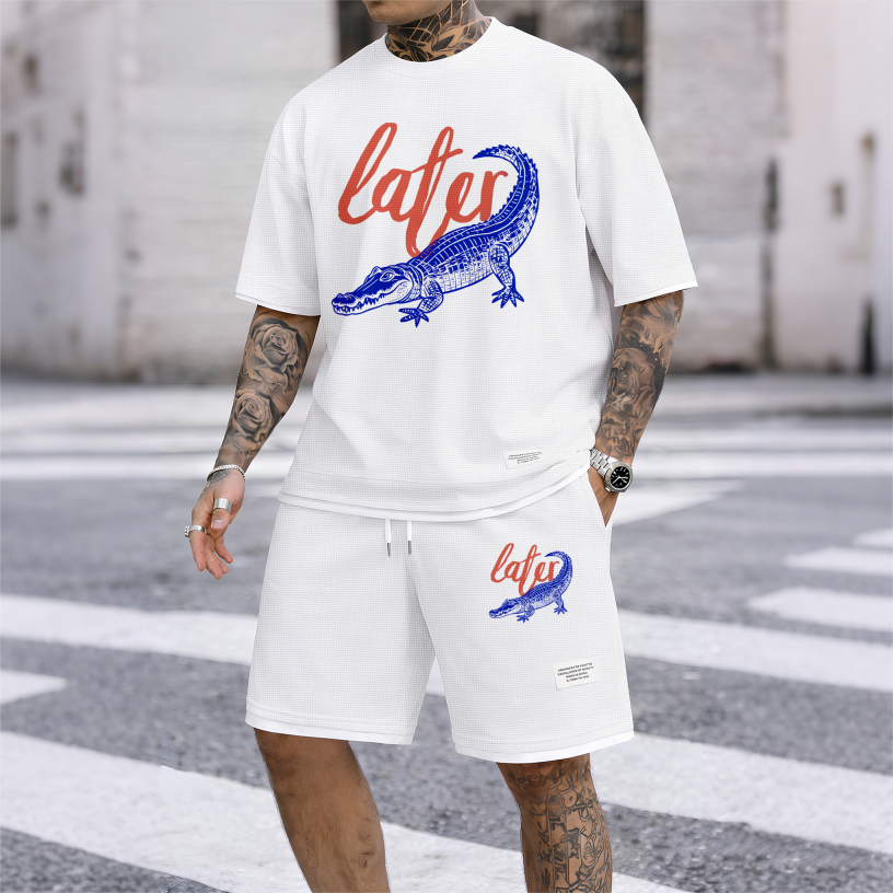 Men's Casual Style Crocodile Print Waffle Fabric Short-Sleeved Shirt And Shorts Set