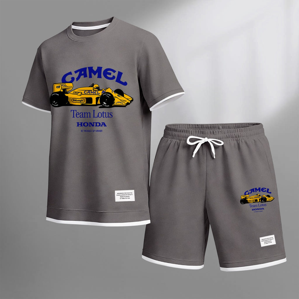Men's Classic Racing Print Waffle Fabric Short-Sleeved Shirt And Shorts Set