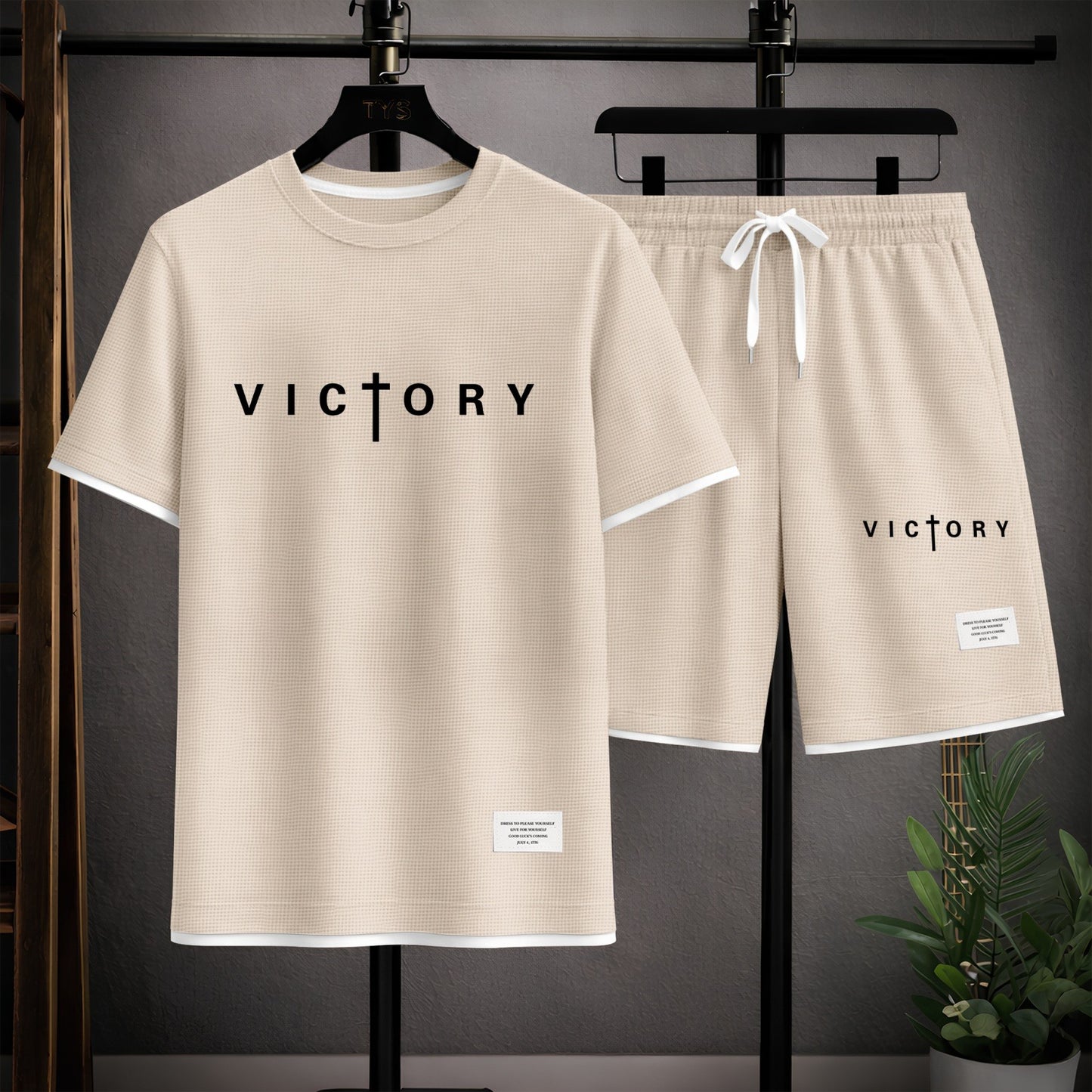 Men's “Victory” Graphic Print Short Sleeve Shirt and Drawstring Shorts Set, Casual Summer Two-Piece Outfit, Lightweight Breathable Relaxed Fit Athletic Set for Daily Wear, Beach, Vacation, Travel & Loungewear
