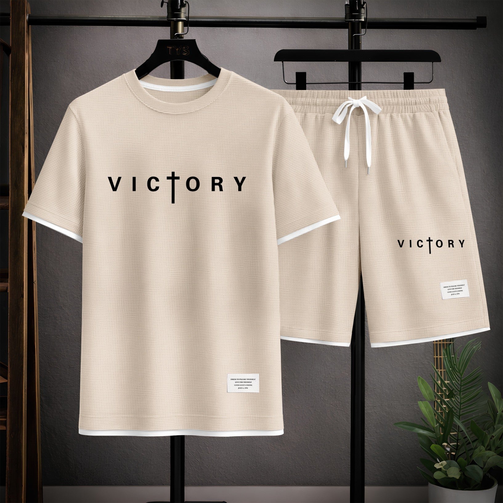 Men's “Victory” Graphic Print Short Sleeve Shirt and Drawstring Shorts Set, Casual Summer Two-Piece Outfit, Lightweight Breathable Relaxed Fit Athletic Set for Daily Wear, Beach, Vacation, Travel & Loungewear