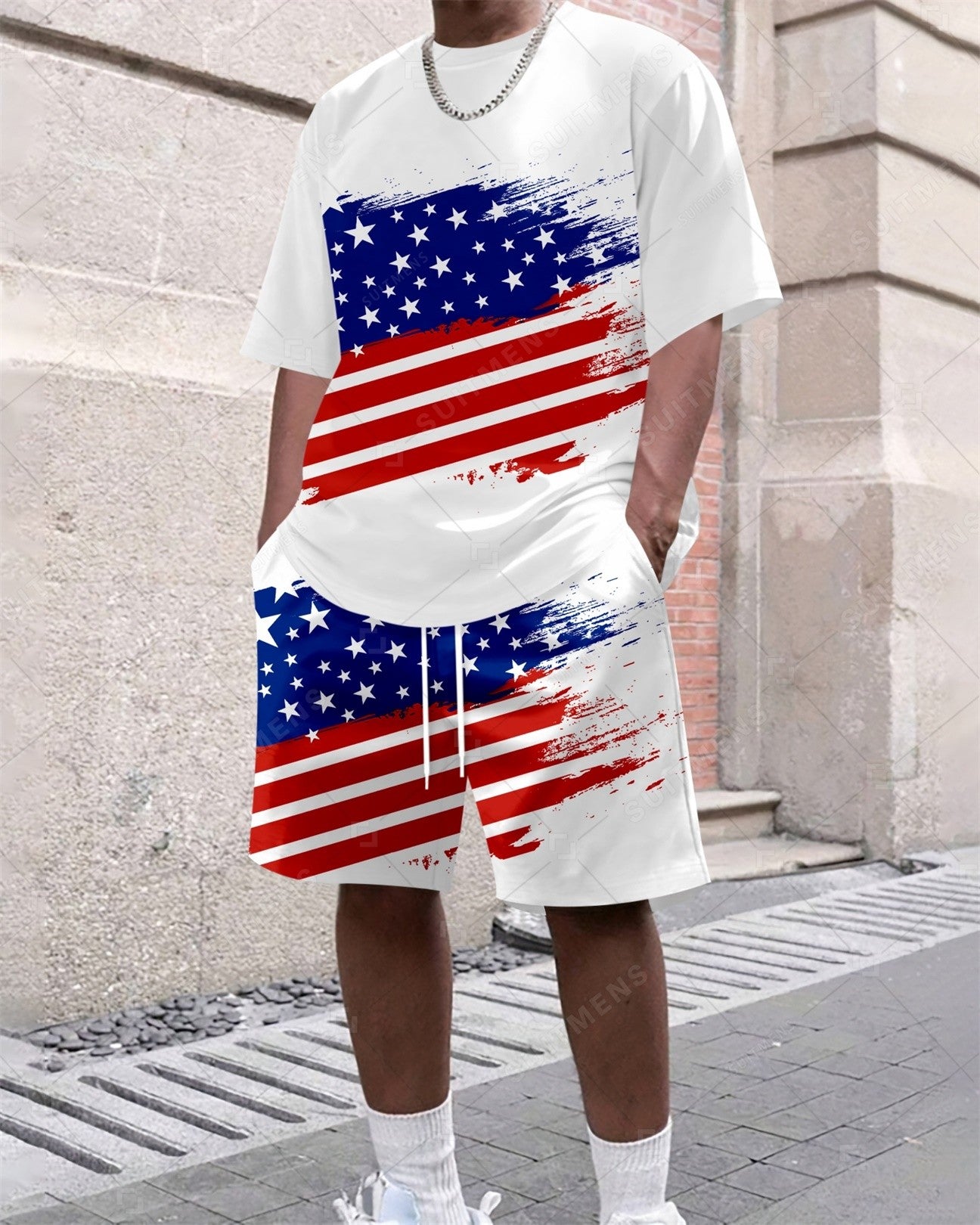 Men's Summer Independence Day Flag Printed Crew Neck Set 290