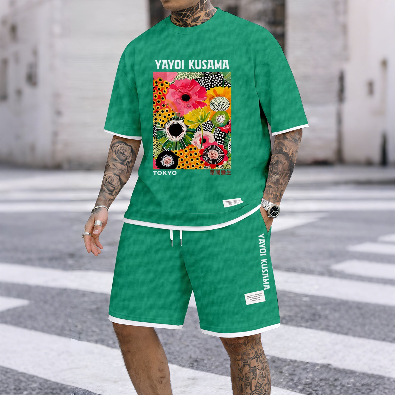 Men's Polka-Dot Flower Print Waffle Fabric Short-Sleeved Shirt And Shorts Set