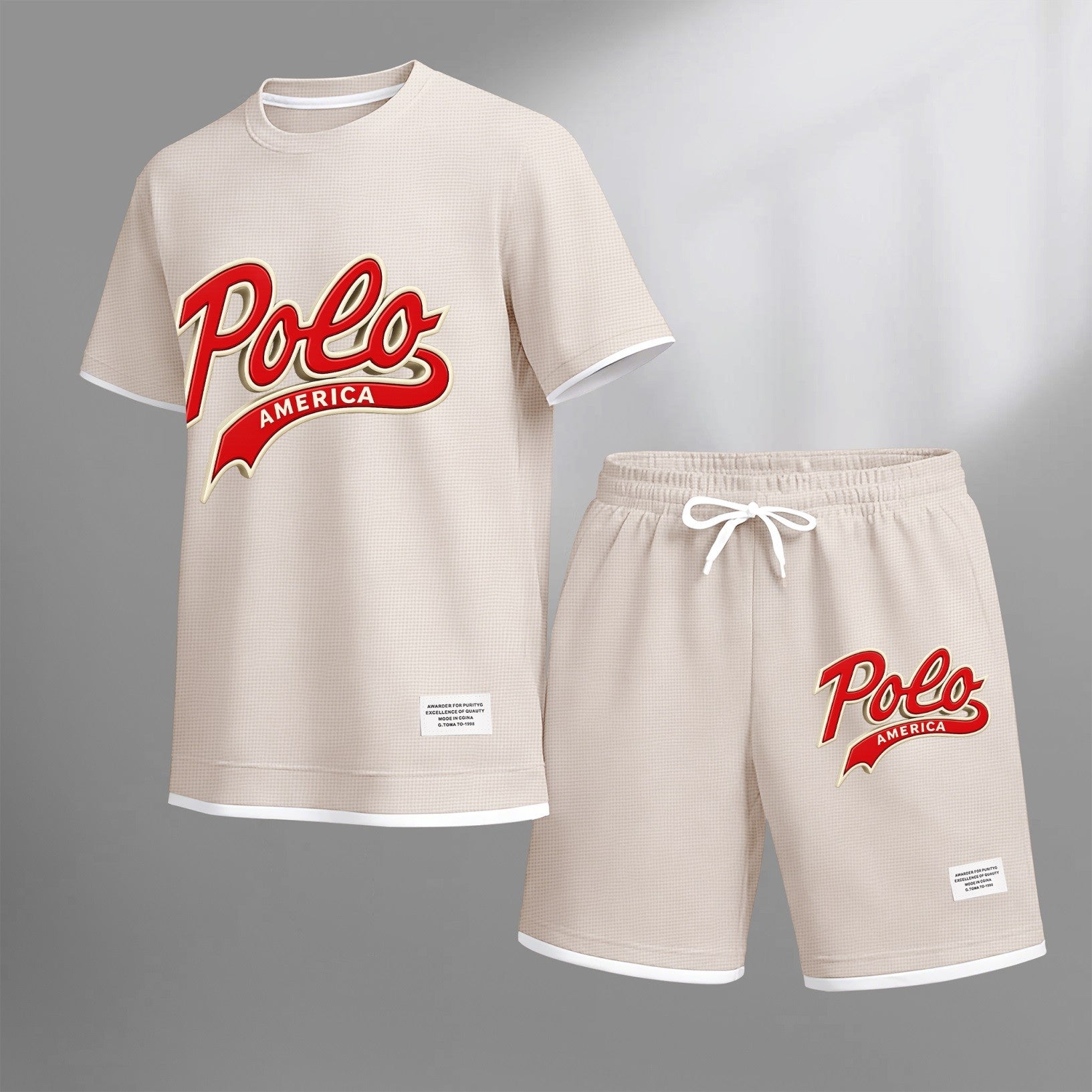 Men's American-style printed drawstring shorts set is ideal for spring and summer. This casual summer outfit includes a short-sleeved shirt and shorts, suitable for everyday wear and athletic activities.