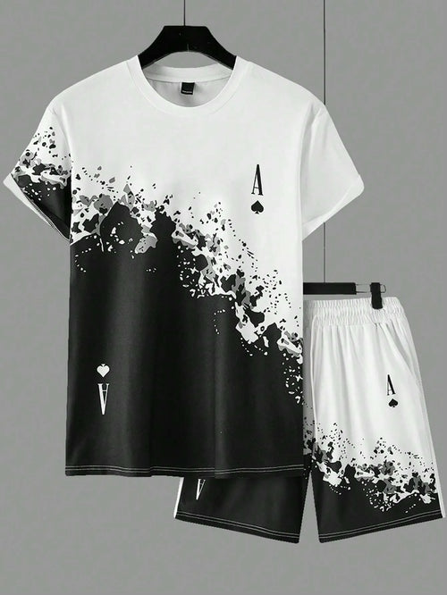 Men's Black And White Gradient Casual Shorts Set 412