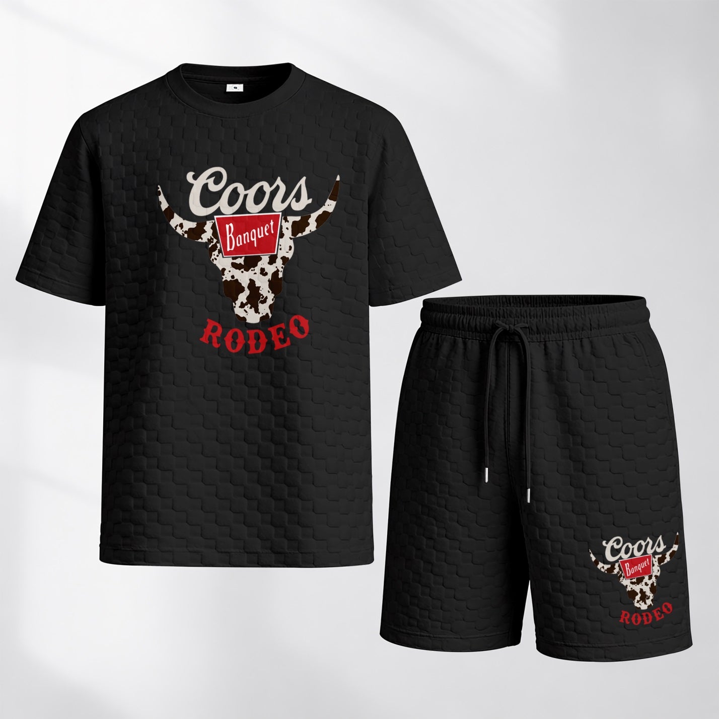 Men's Spring And Summer Classic Beer Print With Red And Black Line Checkered Fabric Drawstring Shorts Set, Casual Summer Outfit With Short-Sleeved Shirt And Shorts, Ideal For Everyday Wear And Sports Activities