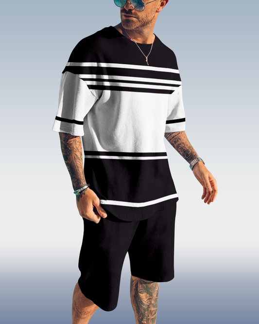 Men's casual color block striped printed shorts Set 522
