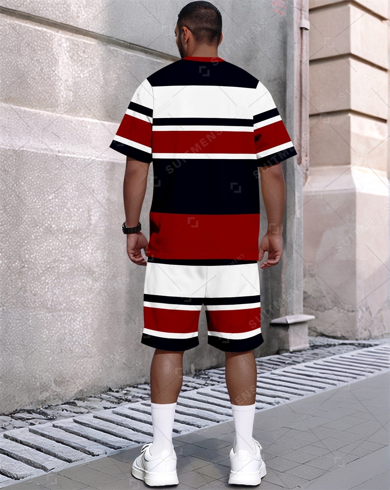 Men's Summer Colorblock Printed Round Neck Set 390