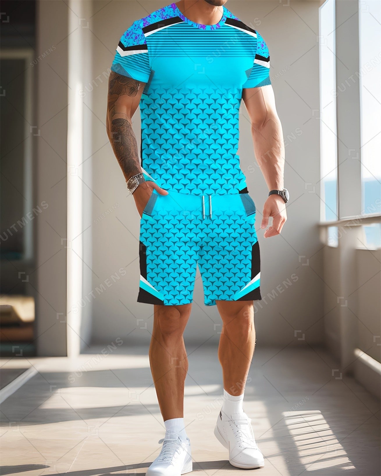 Men's Summer Gradient Print Round Neck Set 980