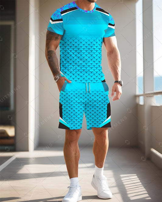 Men's Summer Gradient Print Round Neck Set 980